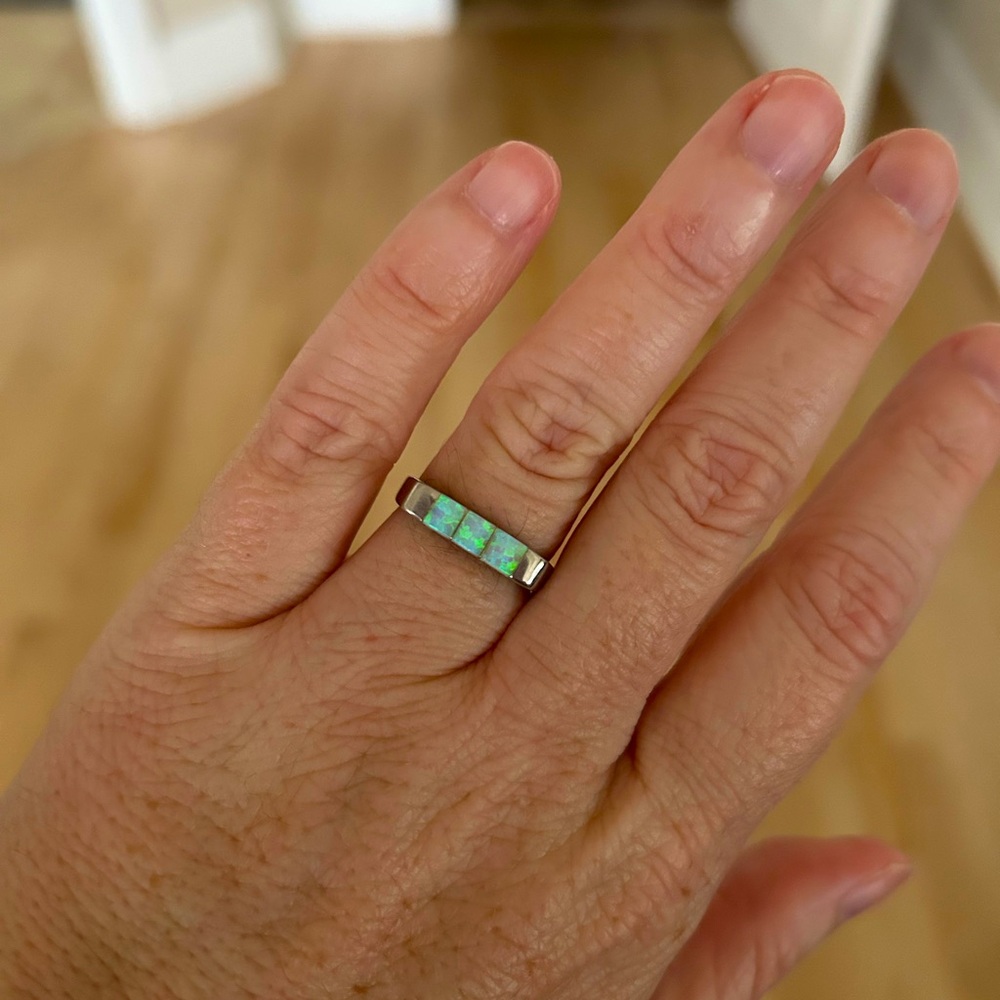 Synthetic opal and silver ring